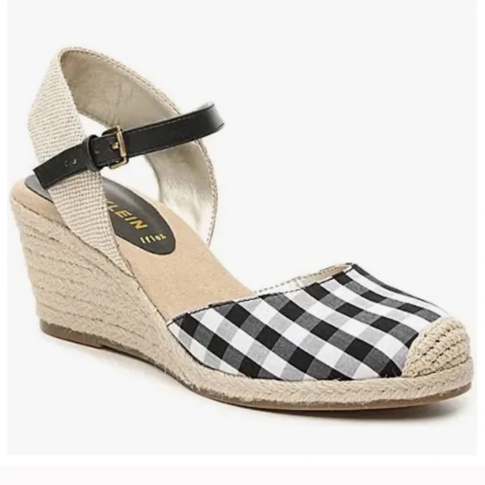 Anne Klein Ardine Gingham Pattern Espadrille Wedge Sandals
